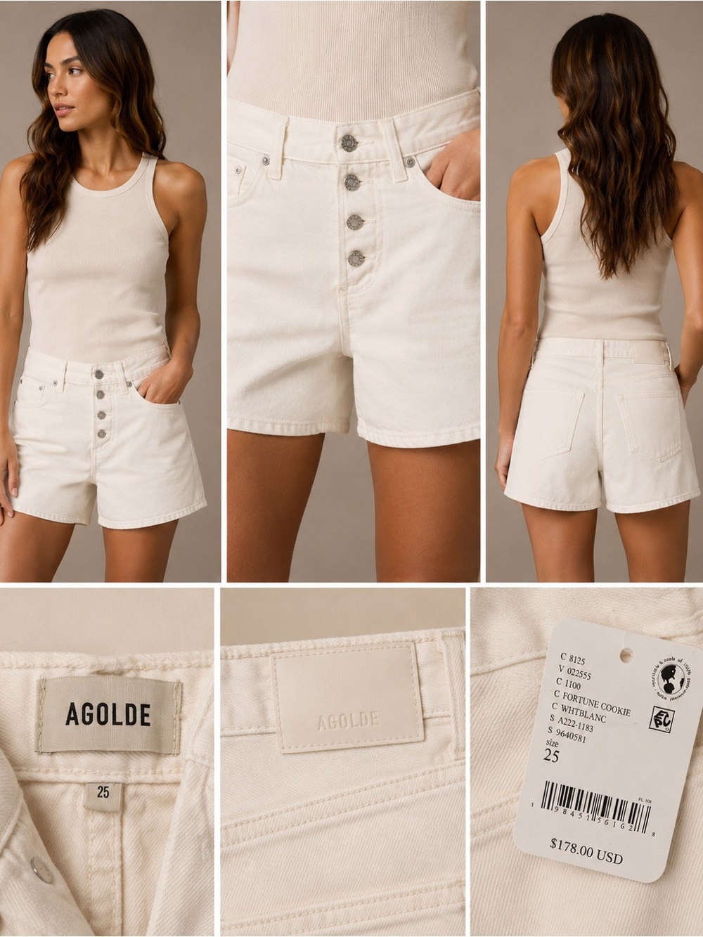 AGOLDE- Cream High-Rise Button-Front Jean Shorts